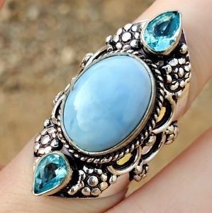 New Huge Owyhee Opal & Blue Topaz 925 Silver Statement Ring.